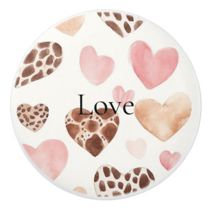 Brown Cream Leopard Animal Print Pink Hearts   Ceramic Knob