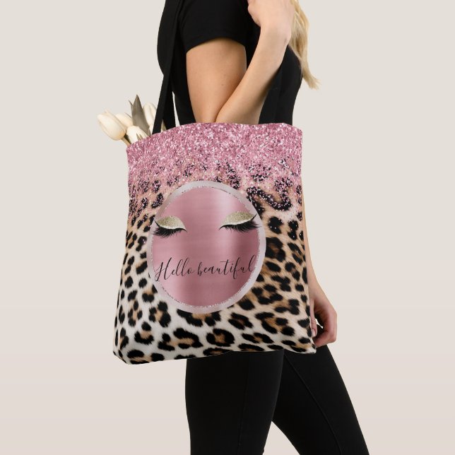 Brown Cream Leopard Gold Glitter Eyes Tote Bag (Close Up)