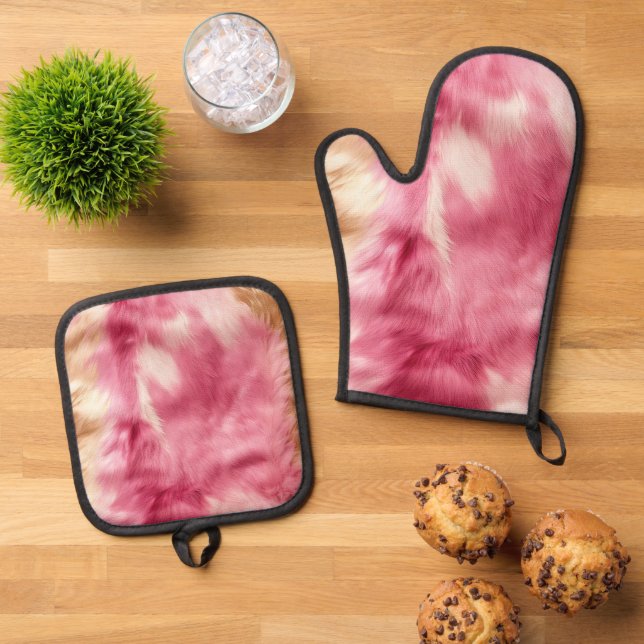 Brown Cream Pink Cowgirl Cowhide  Oven Mitt & Pot Holder Set (Top Down)