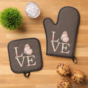 Brown Cream Pink Love Butterfly Floral Oven Mitt & Pot Holder Set