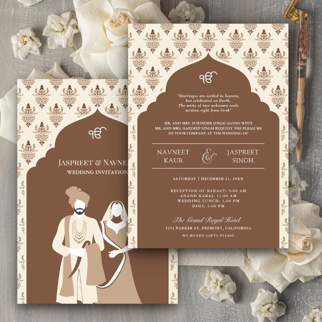 Brown Cream Punjabi Anand Karaj Sikh Wedding Invitation (Creator Uploaded)