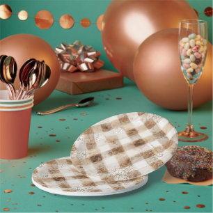 Brown Cream Squares Spider Webs Halloween Paper Plate