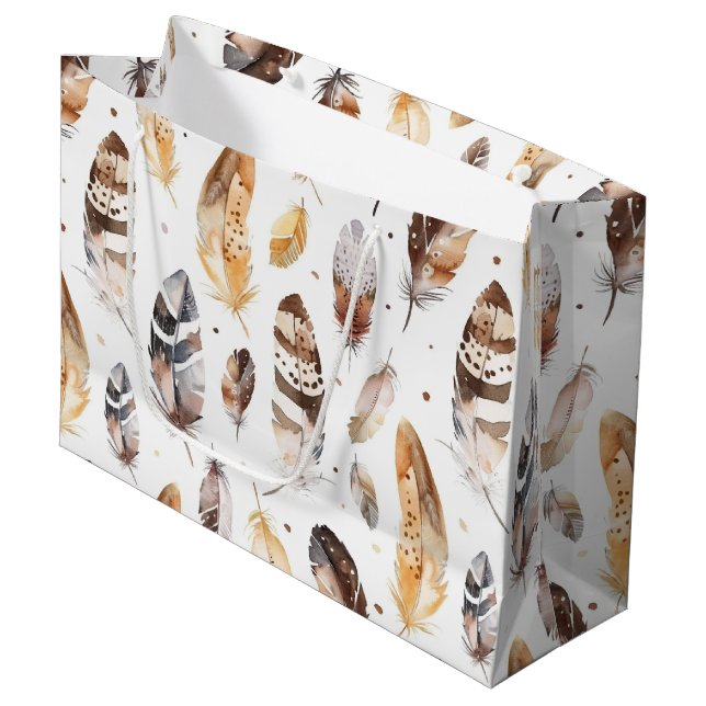 Brown Cream Tribal Native Feathers Birthday Large Gift Bag (Front Angled)