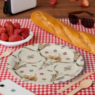 Brown Cream Tribal Native Feathers Birthday Paper Plate