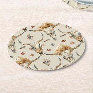 Brown Cream Tribal Native Feathers Birthday Round Paper Coaster
