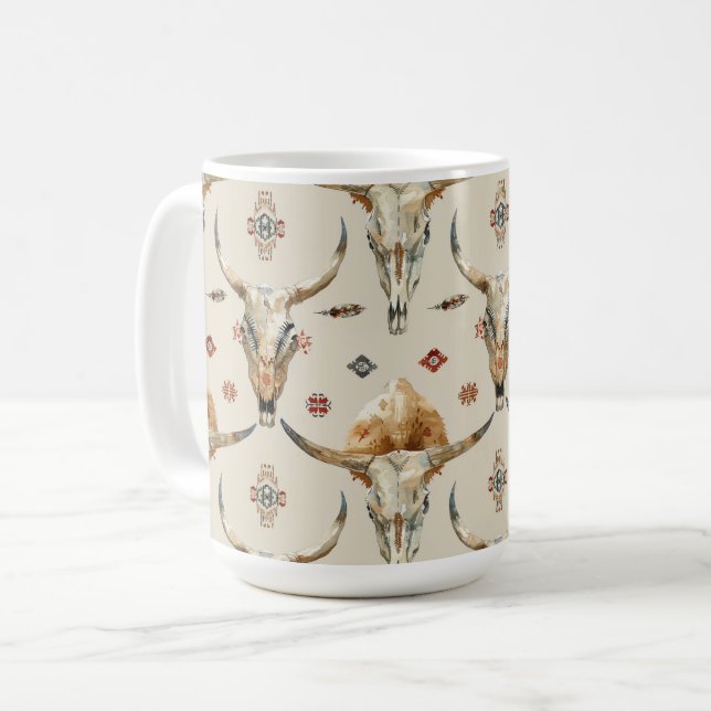Brown Cream Tribal Native Feathers Skulls Coffee Mug (Front Left)