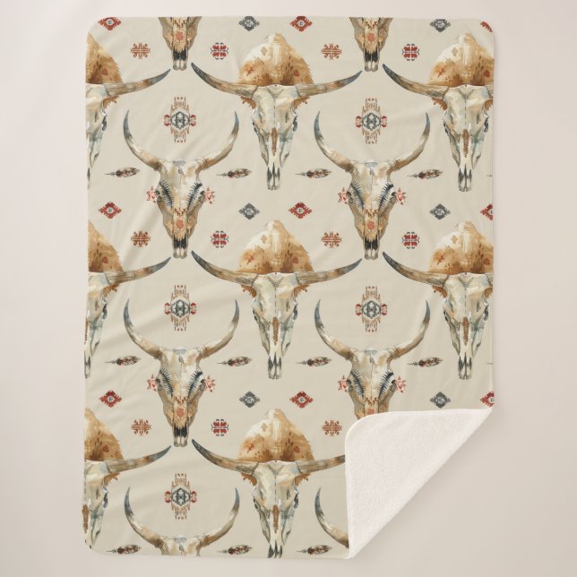 Brown Cream Tribal Native Feathers Skulls Sherpa Blanket (Front)