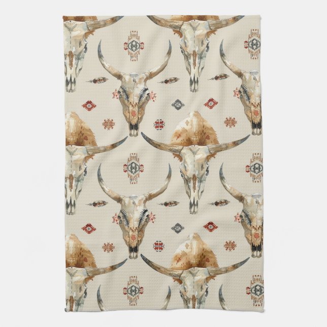 Brown Cream Tribal Native Feathers Skulls Tea Towel (Vertical)