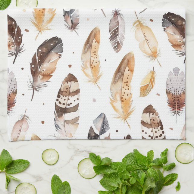 Brown Cream Tribal Native Feathers Tea Towel (Folded)