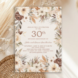 Brown Cream Watercolor Floral 30th Anniversary Invitation