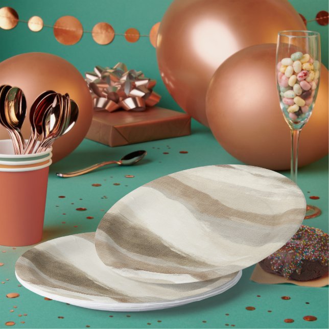 Brown Cream Wavy Abstract Stripes Paper Plate (Multi)