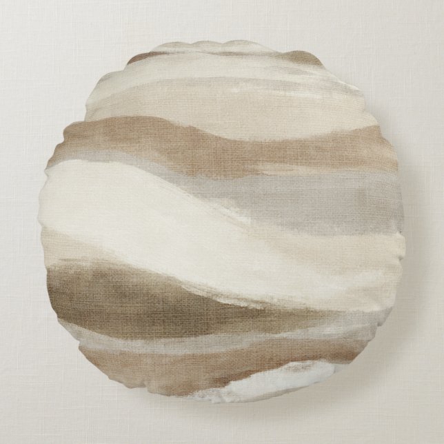 Brown Cream Wavy Abstract Stripes Round Cushion (Front)
