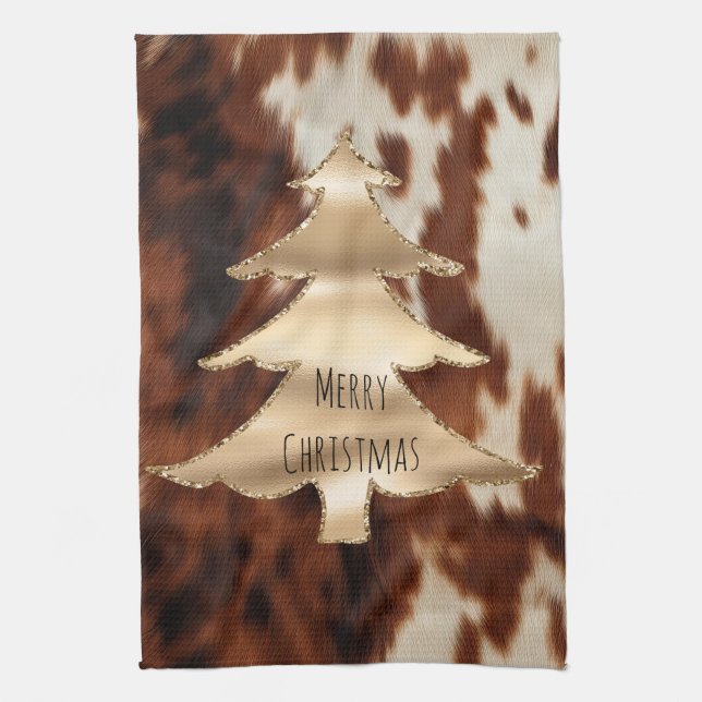 Brown Cream Western Cowhide Christmas Tea Towel (Vertical)