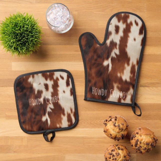 Brown Cream Western Cowhide  Oven Mitt & Pot Holder Set (Top Down)