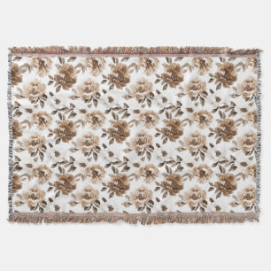 Brown Cream White Flowers Christmas Throw Blanket