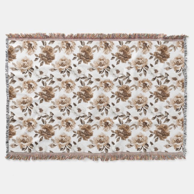 Brown Cream White Flowers Christmas Throw Blanket (Front)