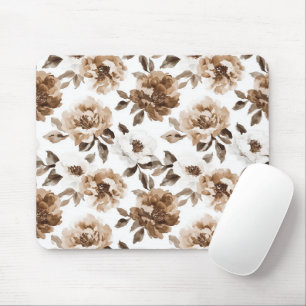 Brown Cream White Flowers Mouse Pad