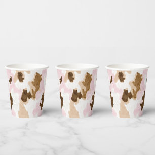 Brown Cream White Pink Cow Print Birthday Paper Cups