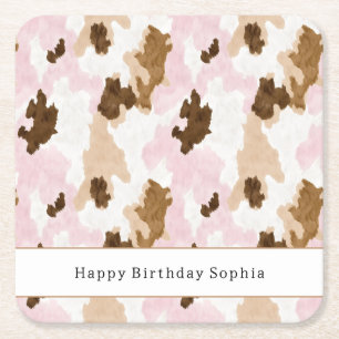 Brown Cream White Pink Cow Print Birthday Square Paper Coaster