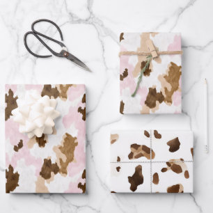 Brown Cream White Pink Cow Print Birthday Wrapping Paper Sheet