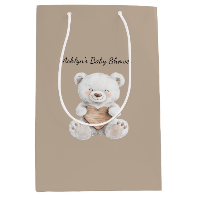 Brown Cream White Teddy Bears Hearts Baby Shower Medium Gift Bag (Front)