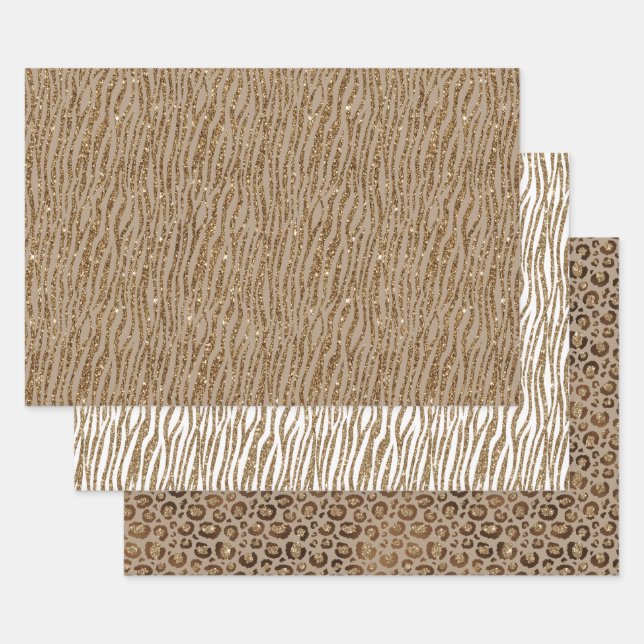 Brown Cream Zebra Animal Print Glitter    Wrapping Paper Sheet (Set)