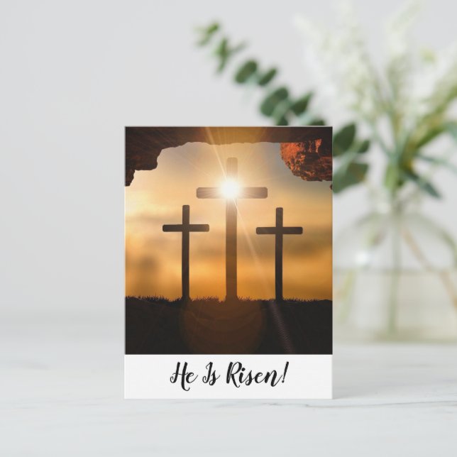 Brown Crosses He Is Risen Christian Happy Easter Holiday Postcard (Standing Front)