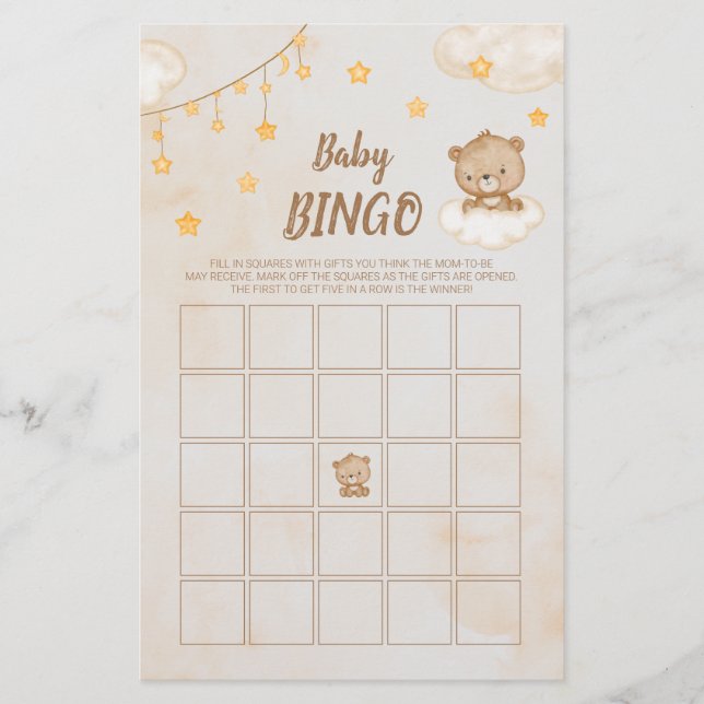 Brown Cute Bear Baby Shower Bingo (Front)