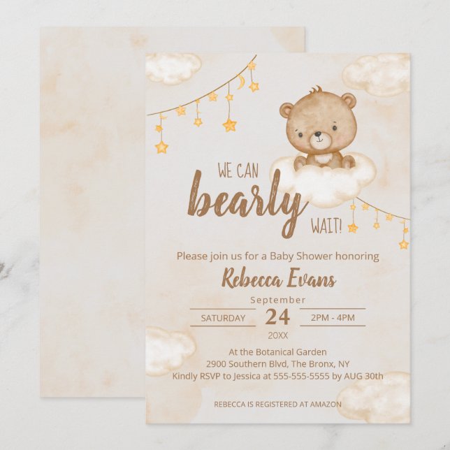 Brown Cute Bear We Can Bearly Wait Baby Shower Invitation (Front/Back)