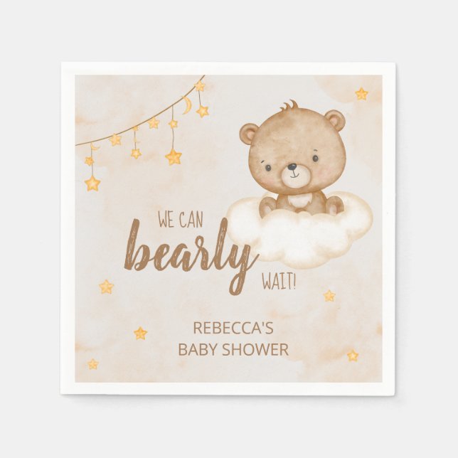 Brown Cute Bear We Can Bearly Wait Baby Shower Napkin (Front)