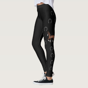 Brown Cute Cartoon Trotting Horse & Horseshoes Leggings