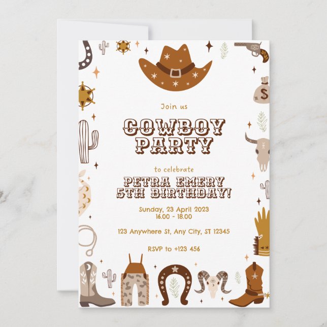 Brown Cute Cowboy Birhday Card Invitation (Front)