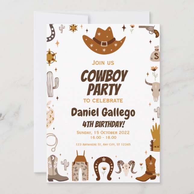 Brown Cute Cowboy Birthday party   Invitation (Front)