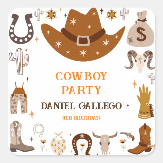 Brown Cute Cowboy Birthday party  Square Sticker