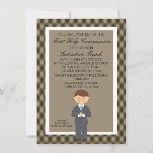 Brown Cute First Communion Boy Invitation