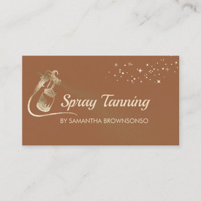 Brown Cute Gold Elegant Calligraphy Tan Spray Business Card (Front)