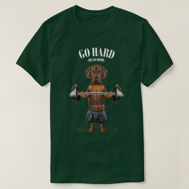 Brown Dachshund Dog Muscle Training Weightlifting  T-Shirt (Design Front)