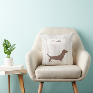 Brown Dachshund on Beige Stripes Custom Name Cushion
