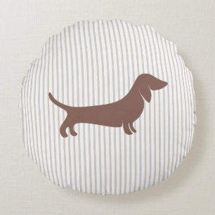 Brown Dachshund on Beige Stripes Round Cushion