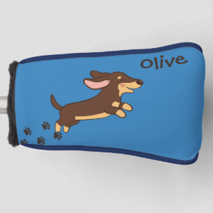 Brown Dachshund Running Blue Design Golf Head Cover