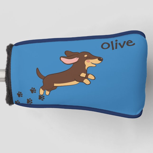 Brown Dachshund Running Blue Design Golf Head Cover (Front)