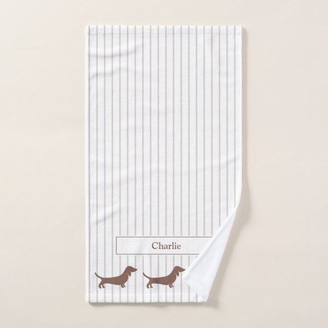 Brown Dachshunds on Beige Stripes Custom Name Hand Towel (Hand Towel)