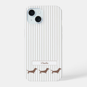 Brown Dachshunds on Beige Stripes Custom Name iPhone 15 Case
