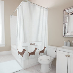 Brown Dachshunds on Beige Stripes Custom Name Shower Curtain