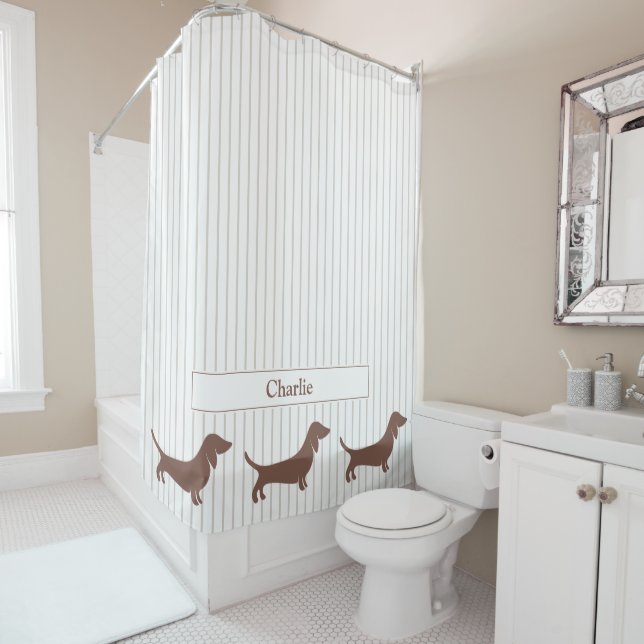 Brown Dachshunds on Beige Stripes Custom Name Shower Curtain (In Situ)
