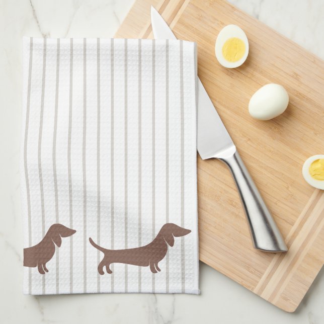 Brown Dachshunds on Beige Stripes Tea Towel (Quarter Fold)