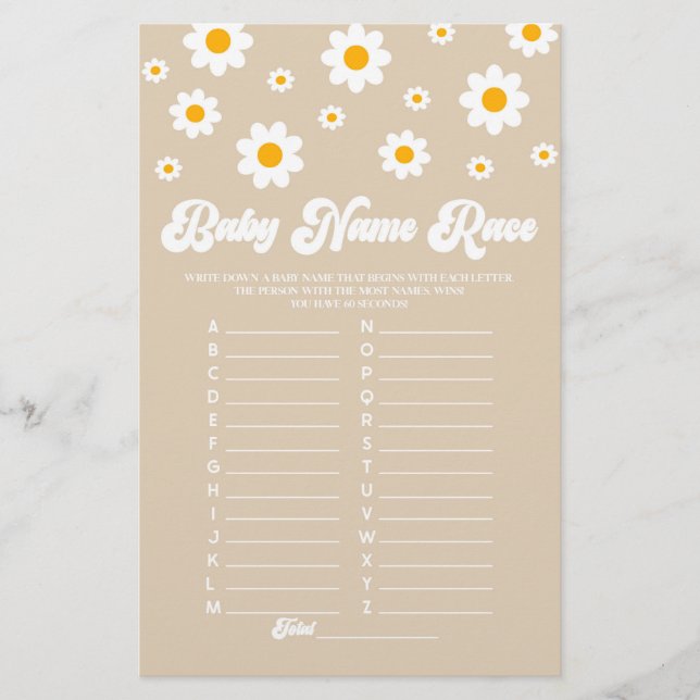 Brown Daisy Name Race Baby Shower Game Activity Stationery (Front)