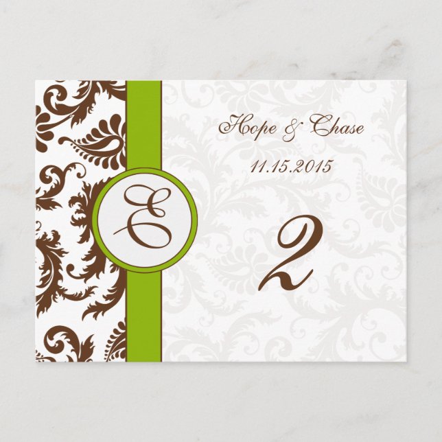 Brown Damask Apple Green Table Number Cards (Front)