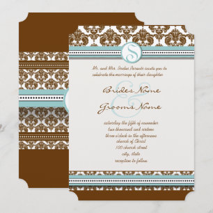 Brown Damask Aqua Blue Trim Wedding Invitation