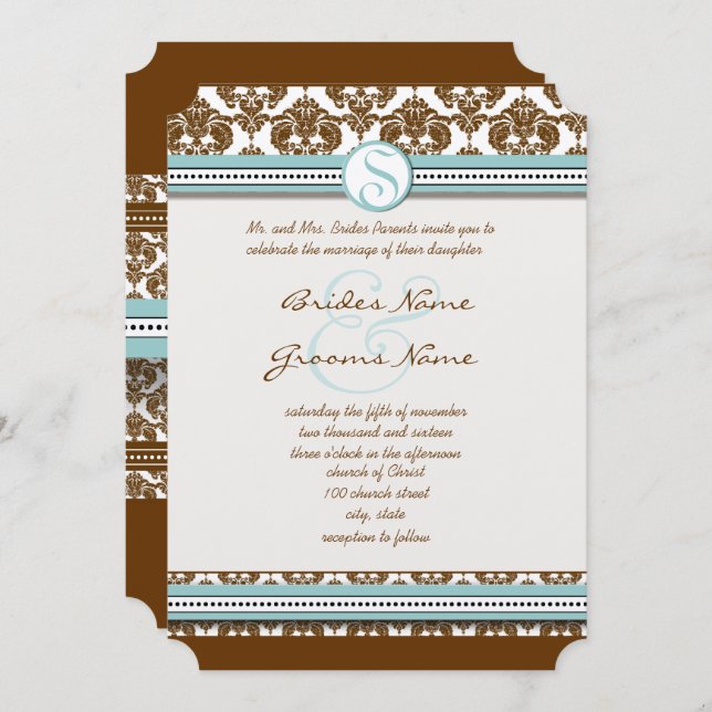 Brown Damask  Aqua Blue Trim Wedding Invitation (Front/Back)